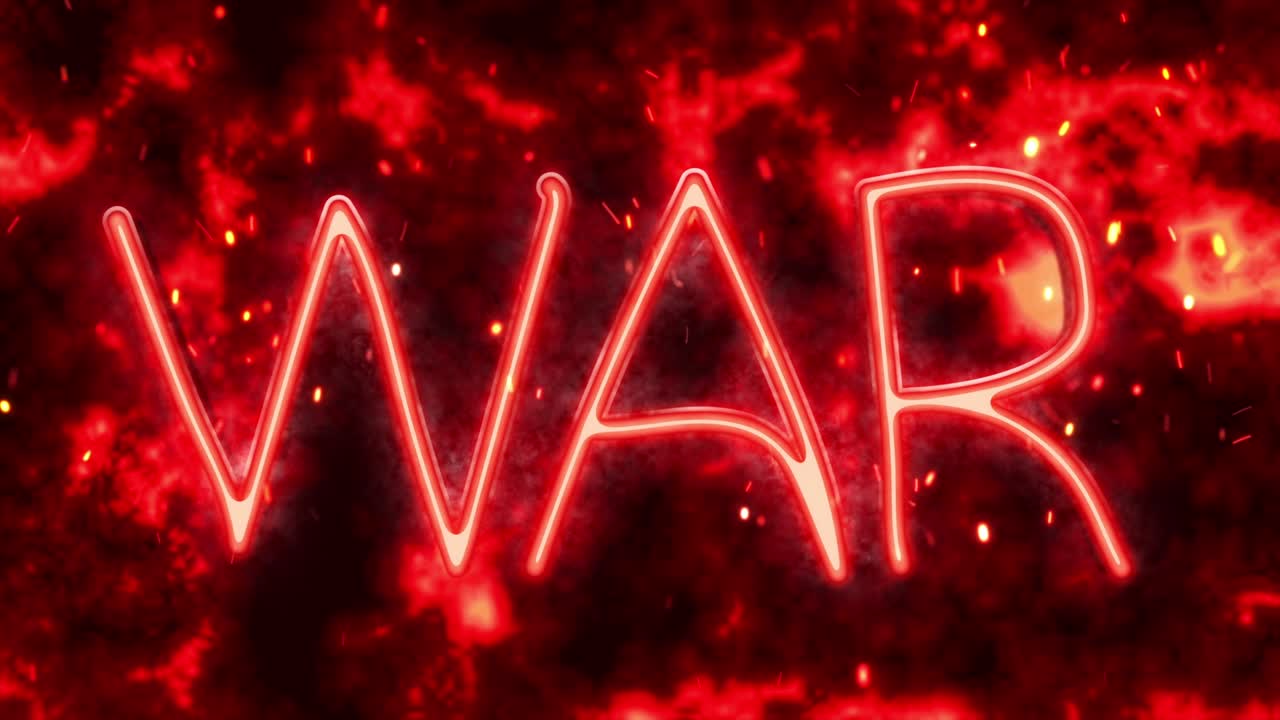 불꽃과 함께 불타는 배경에 네온 텍스트 전쟁