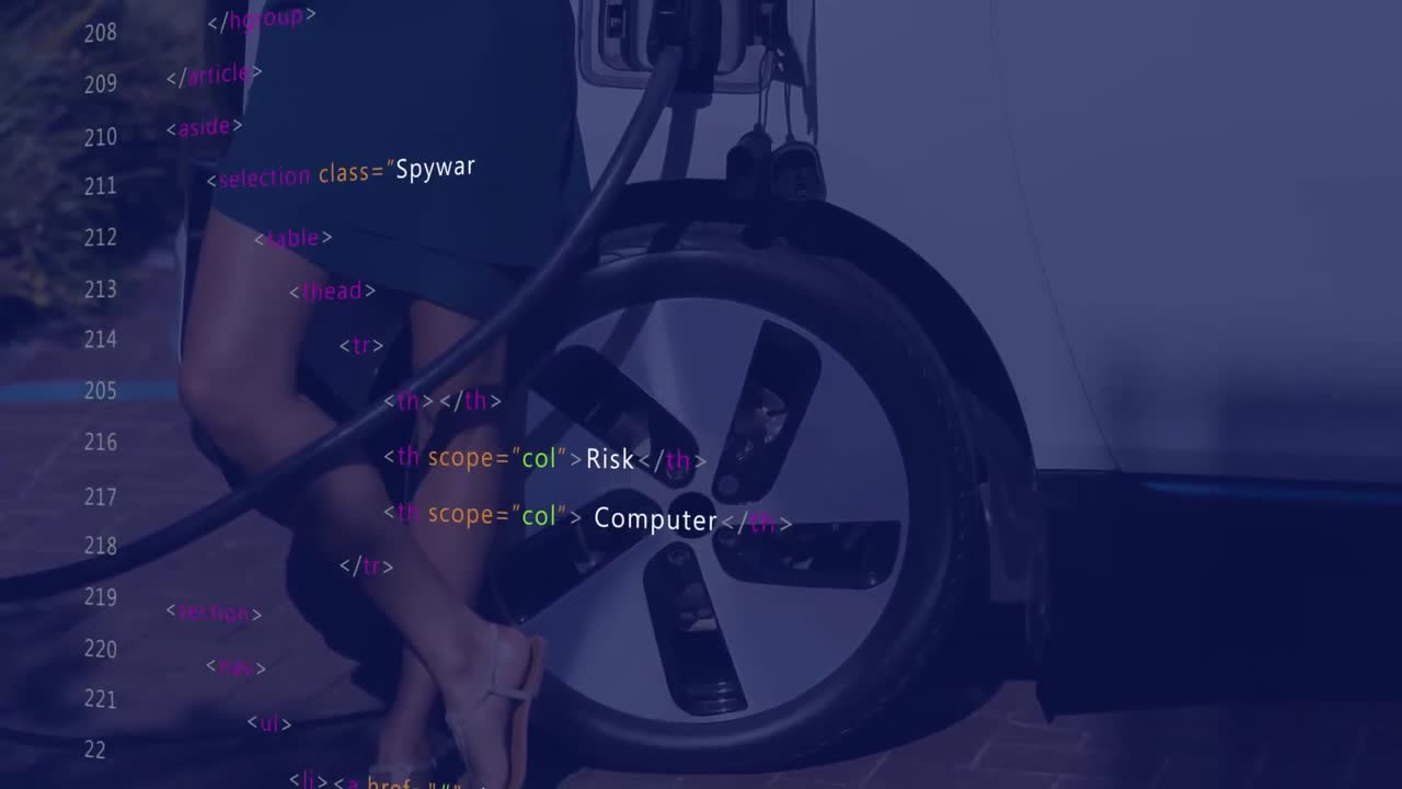 animación de procesamiento de datos sobre mujer caucásica cargando coche eléctrico.