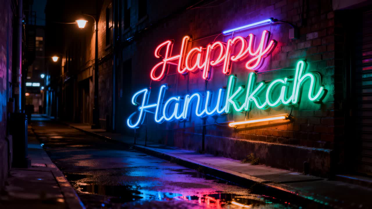 Glowing Happy Hanukkah neon sign bathing alley brick-wall and puddle in light at night, making glow