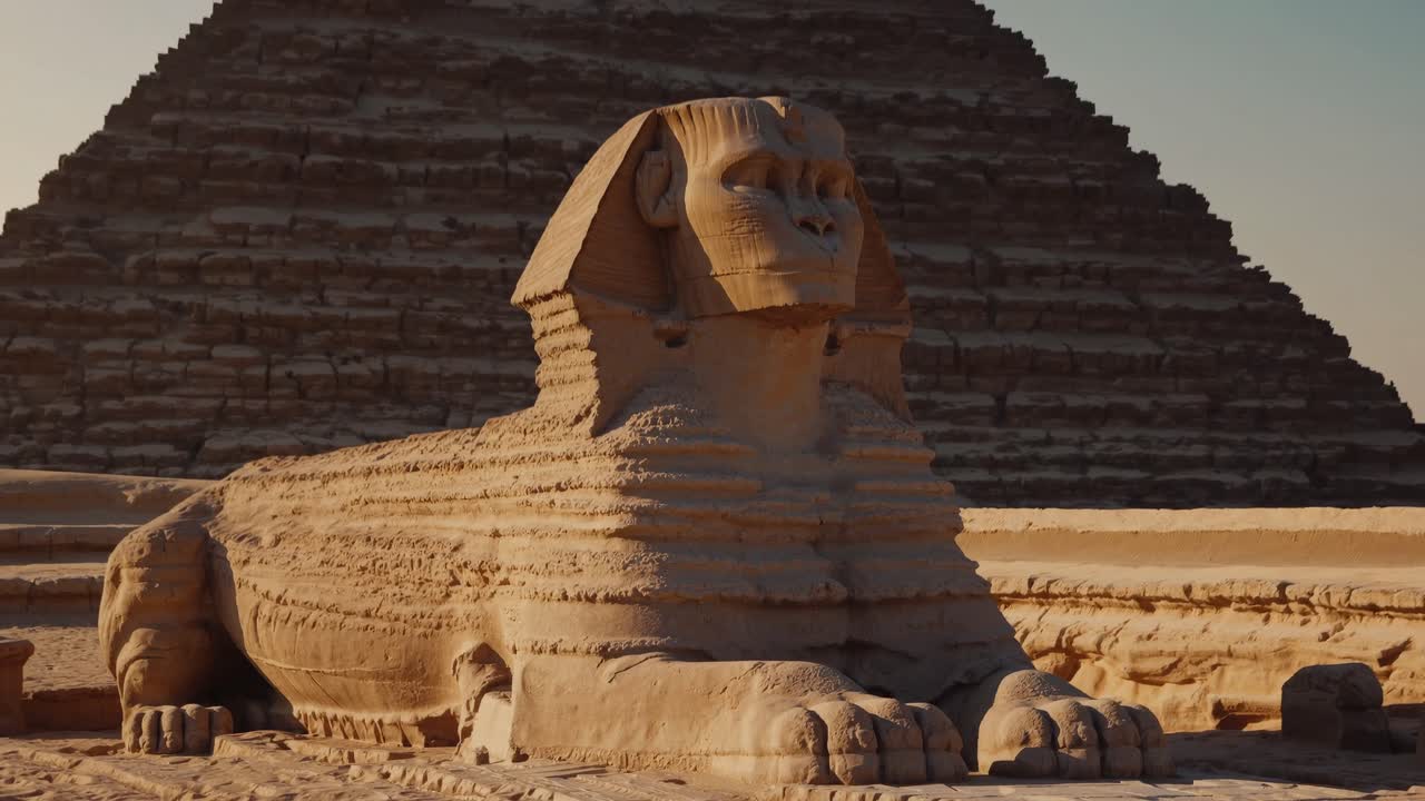 Low-angle video shot of the Sphinx and a pyramid in the background, capturing the grandeur