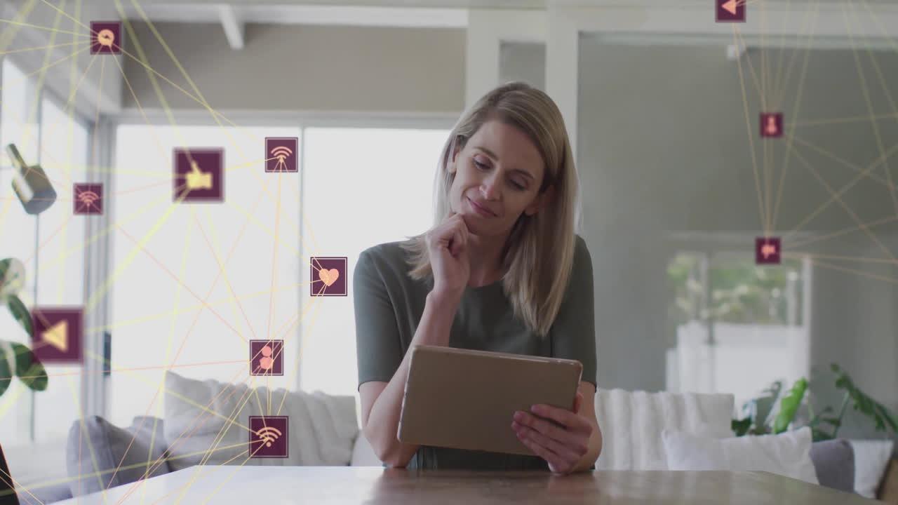 animación de una red de conexiones con iconos sobre una mujer caucásica usando una tableta