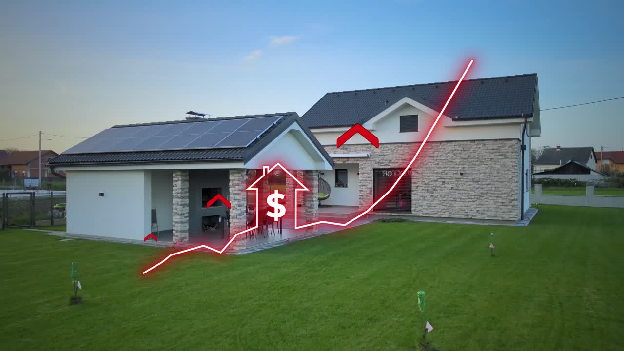 Animation Of Rising Prices With Dollar Sign In Front Of Residential Home. 3D graphic