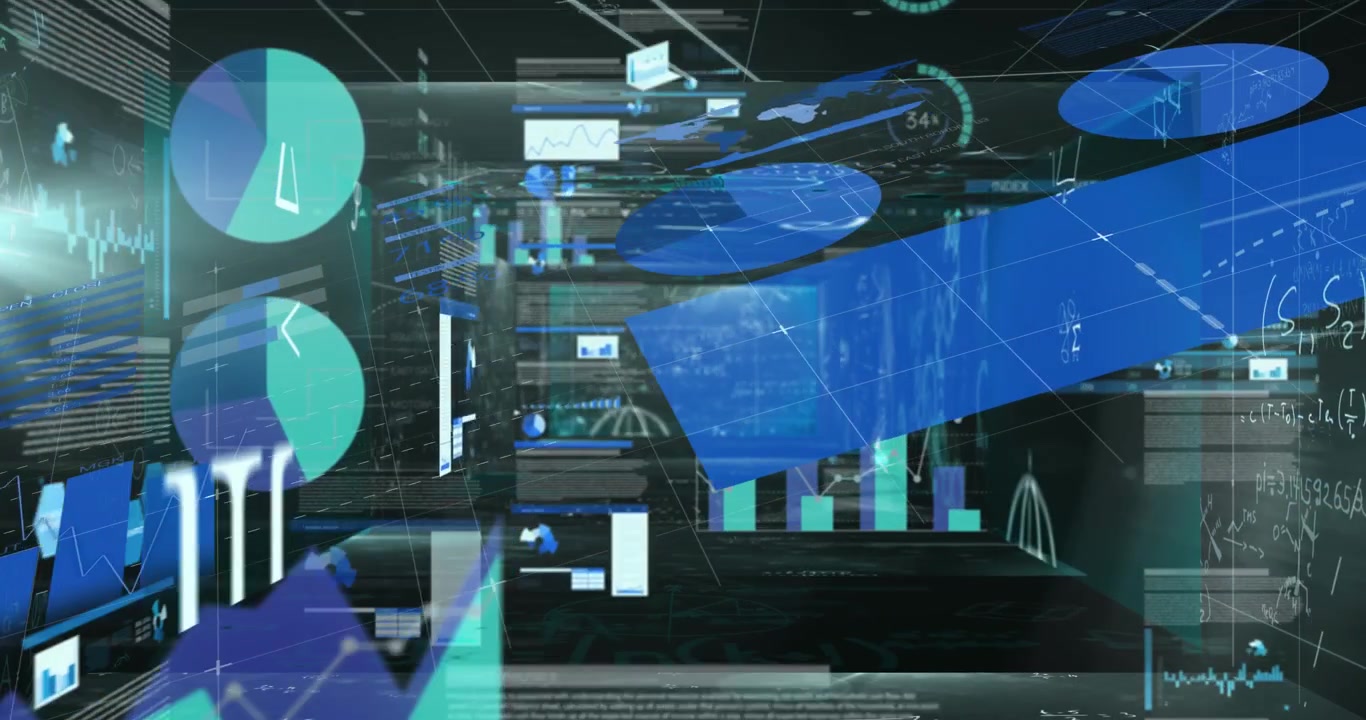 Animation of statistical data processing over screens with data processing on black background