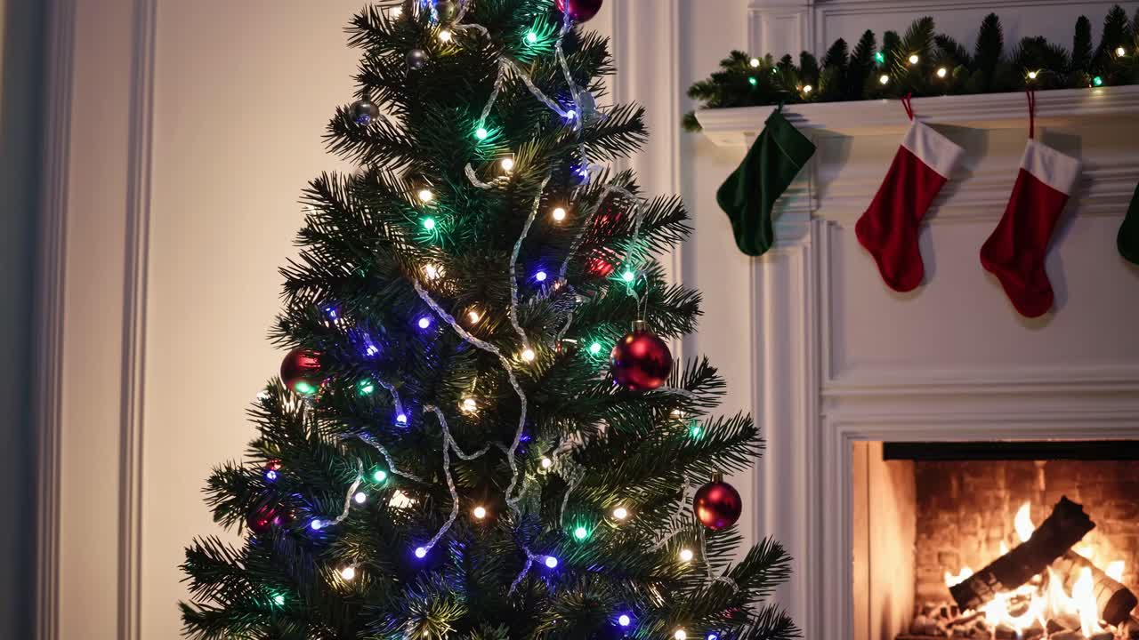 Festive Christmas scene with a decorated tree and stockings by a fireplace