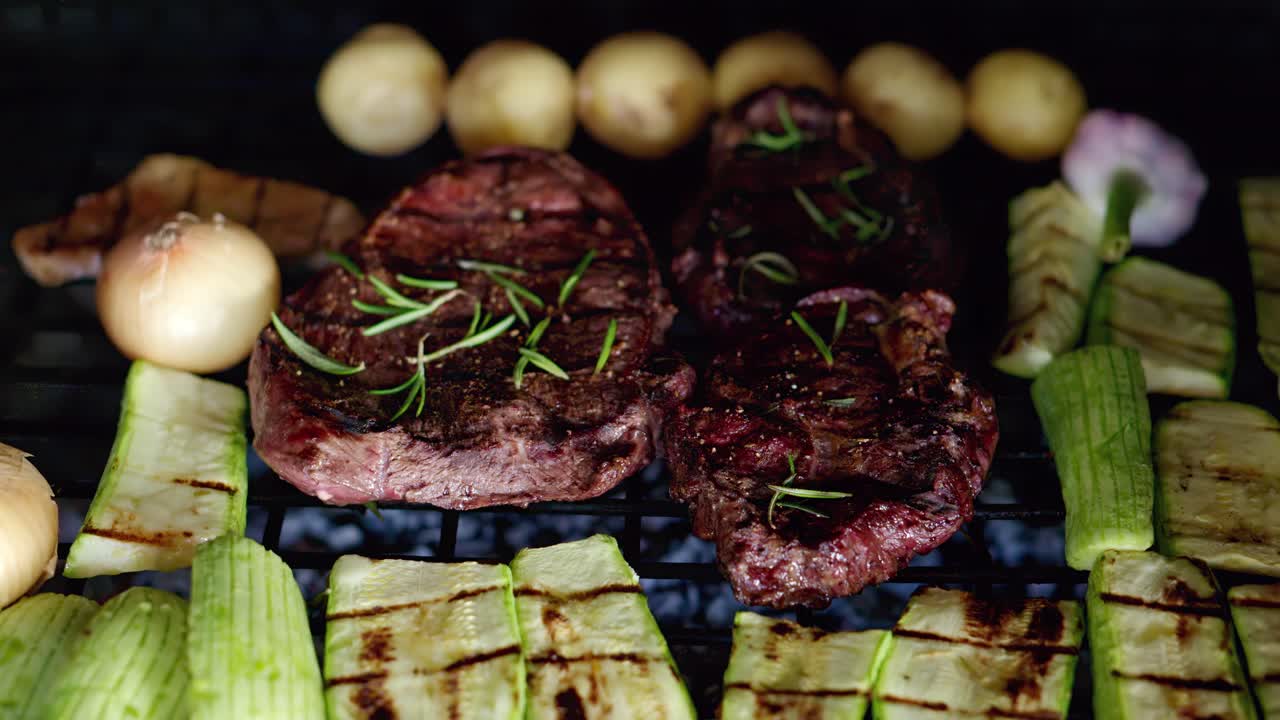 Beef stake with rosemary seasoning and vegetables cooking on the grill
