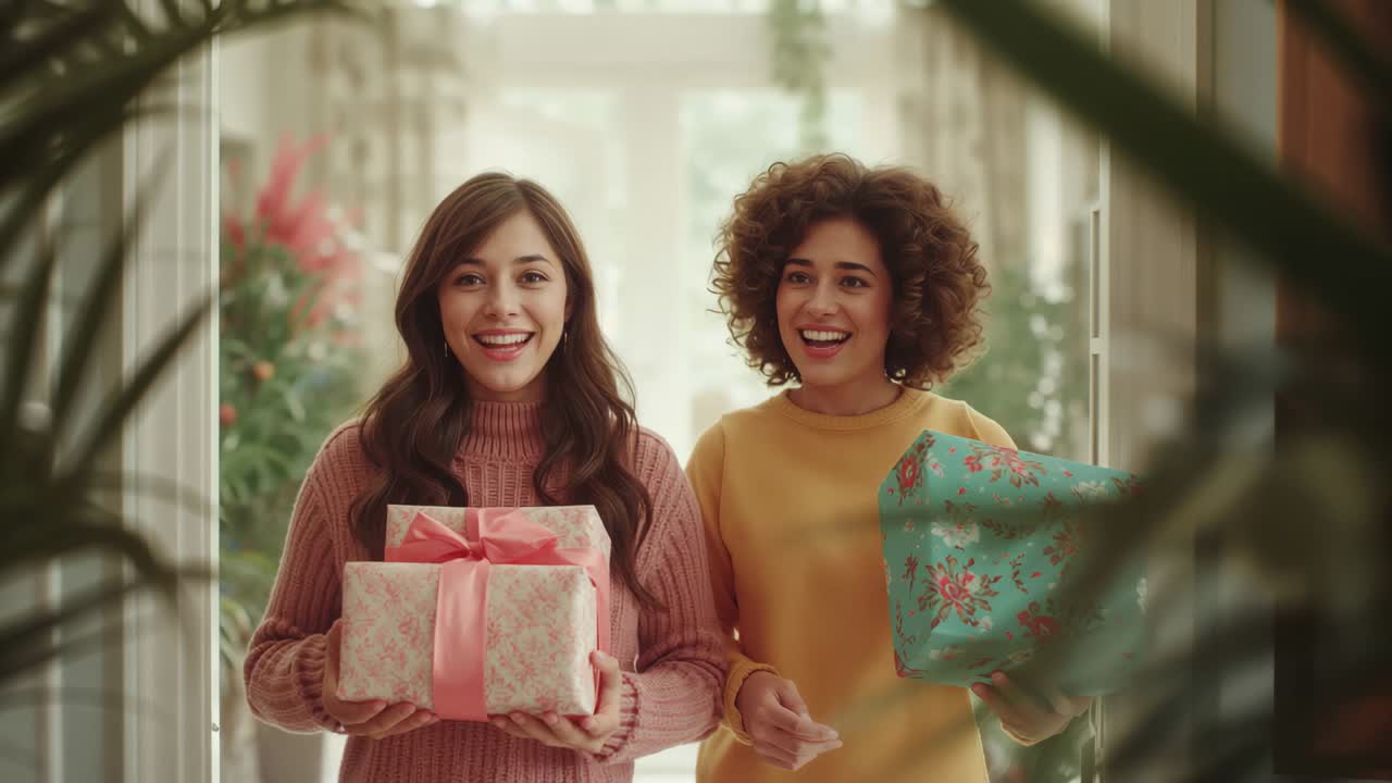 Opening glass doors inviting two friends stepping into bright entrance hall, holding wrapped gifts