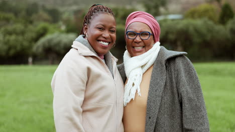 mother, face and happy black woman in park