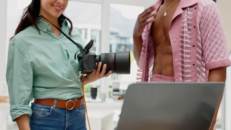 photographer, laptop and people in studio for team