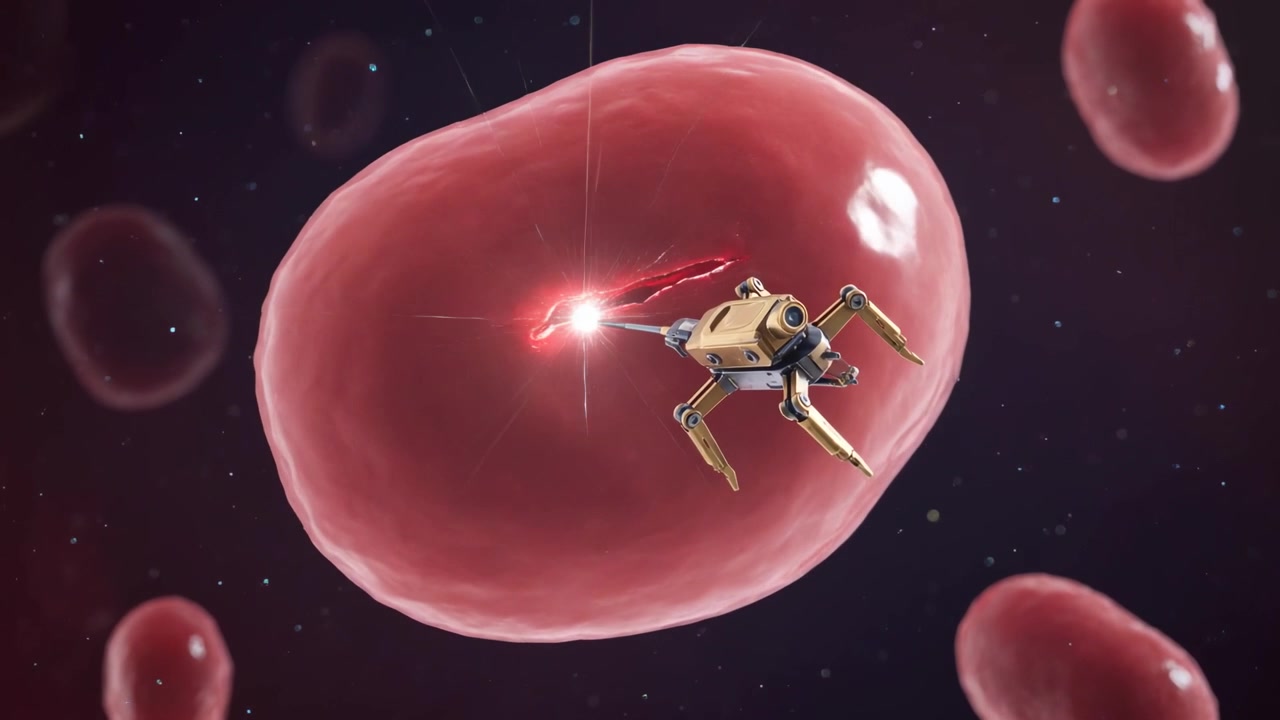 Rilevando una fessura, sonda d'oro che si allinea e spara un raggio rosso in un globulo rosso nel flusso sanguigno, espellendo scintille