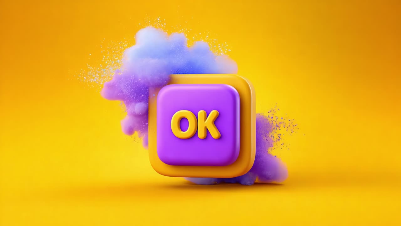 Dynamic OK Button Surrounded by Colorful Vapor Effect: Capturing Vibrant Visuals of a Playful and Engaging 3D Design on a Bright Yellow Background for Interactive Media