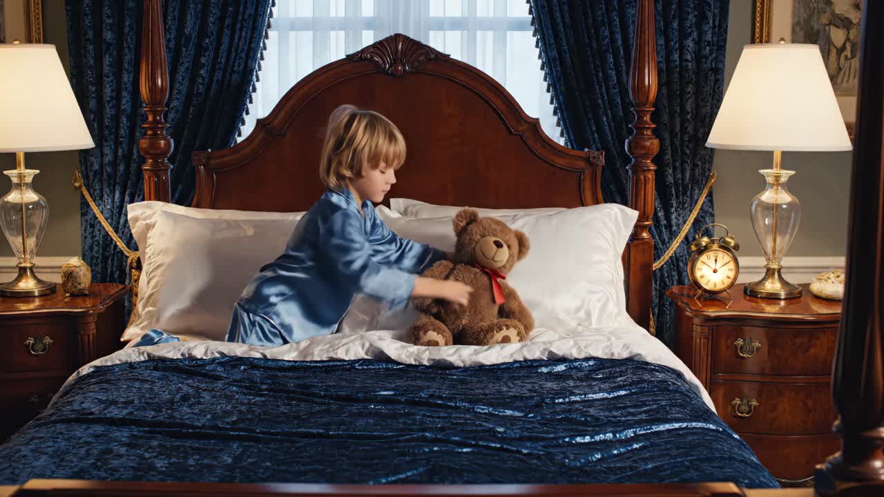 Bambino con orsacchiotto in una camera da letto lussuosa
