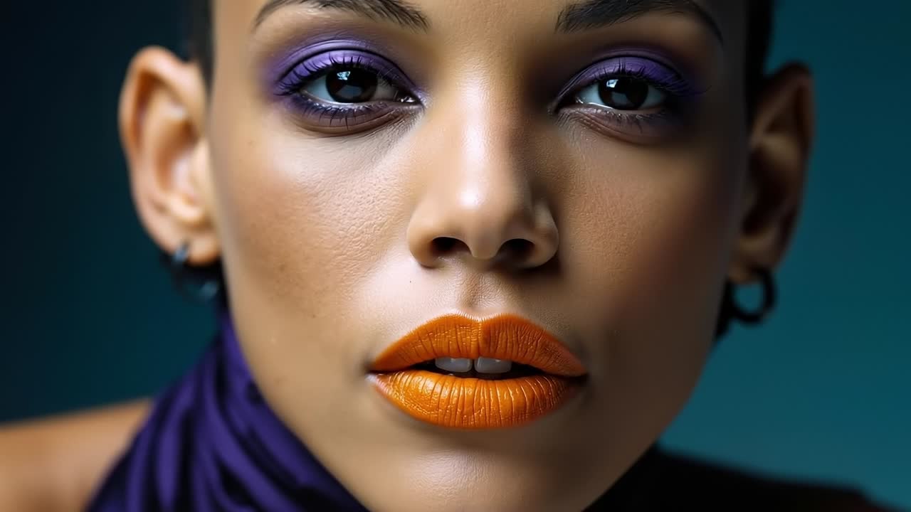 A close up of a woman with bright orange lipstick