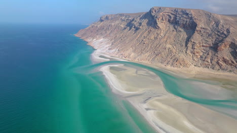 scenic detwah lagoon with turquoise water on the coast of socotra, yemen - aerial shot