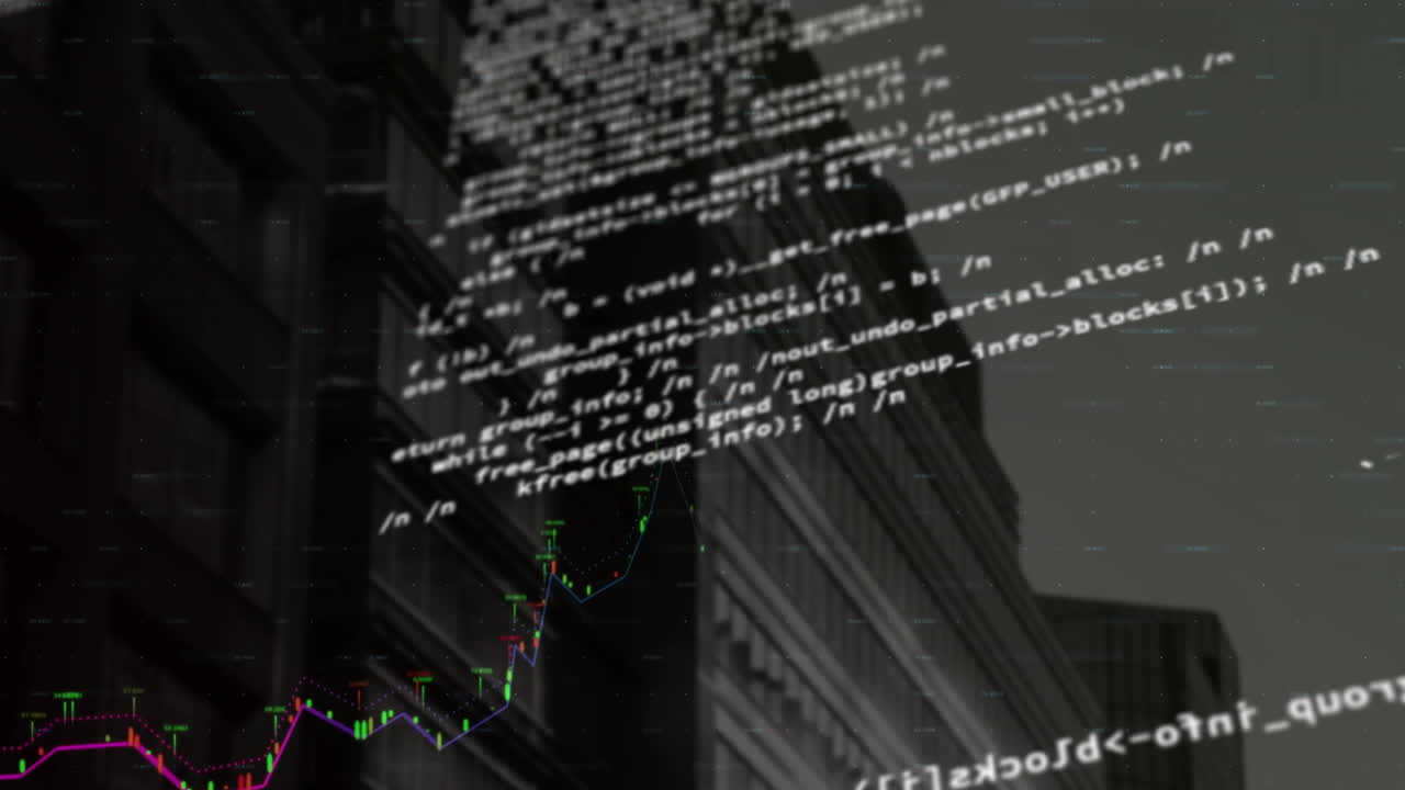 Animation of financial data processing over bank buildings