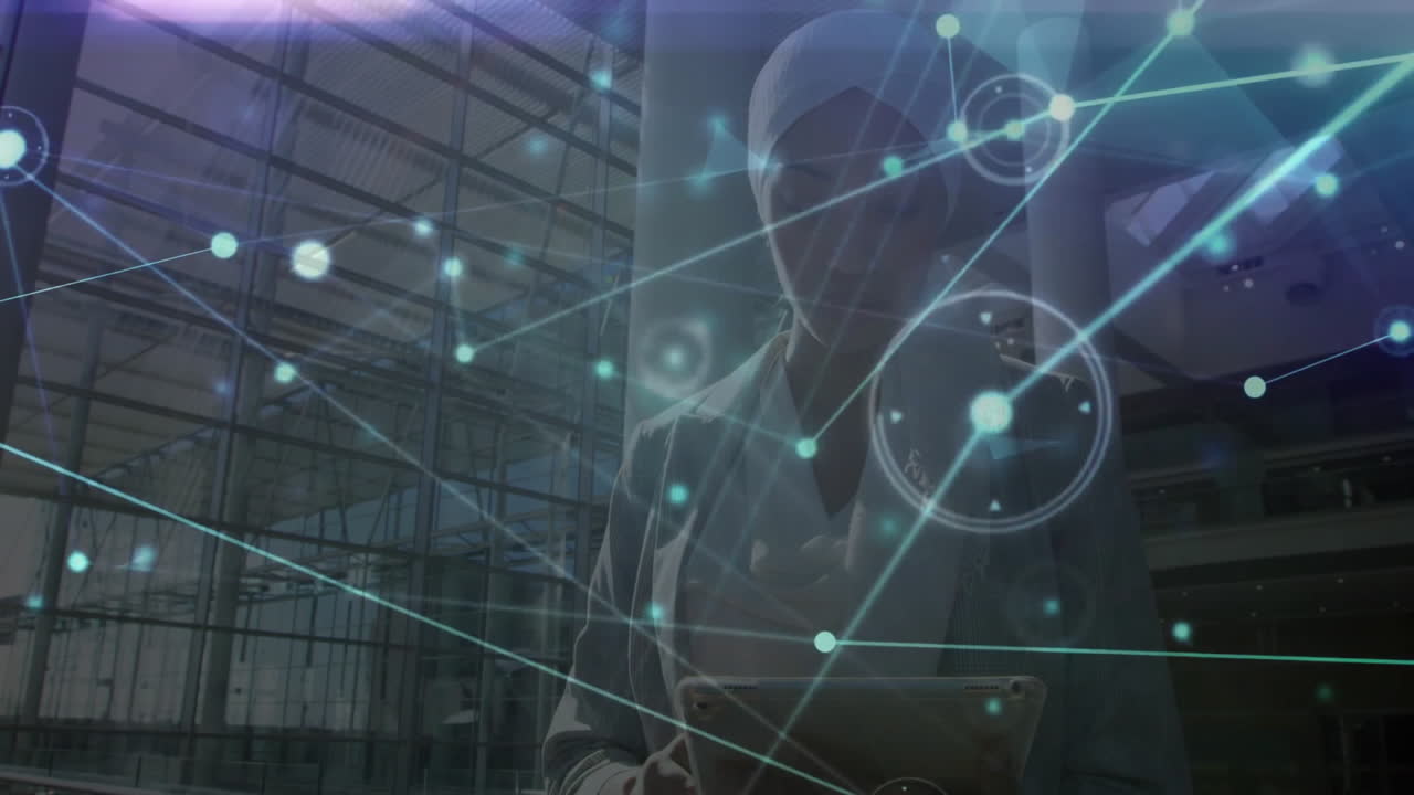 Woman holding tablet in glass atrium, showing glowing network nodes and lines for tech concept
