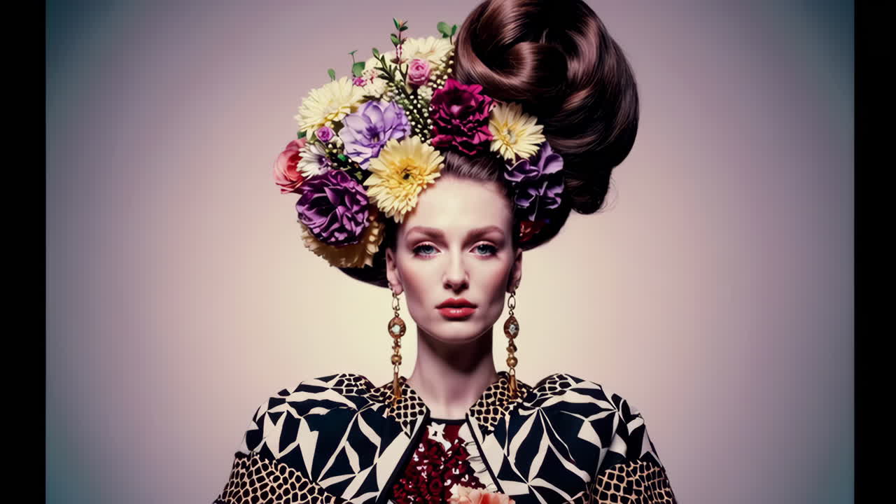 Stylized portraits of women with elaborate floral hairstyles