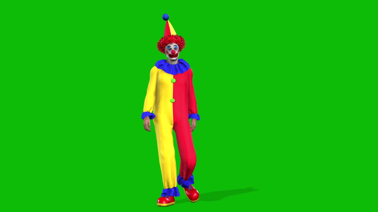 un personaje de payaso 3d con un traje rojo y amarillo, un sombrero puntiagudo y zapatos rojos, caminando en una pantalla verde animación de bucle 3d sin costuras, bucle animado de vista frontal
