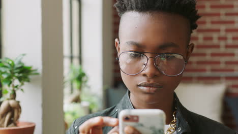 Social-media,-black-woman-with-smartphone-browsing