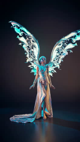 ethereal woman with glowing ornate wings and futuristic costume