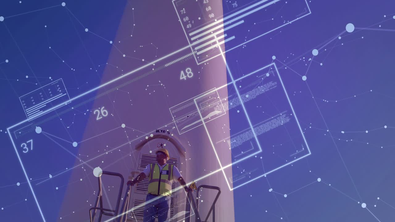 Opening shot showing tech panels on turbine tower and technician ascending lift inspecting metrics