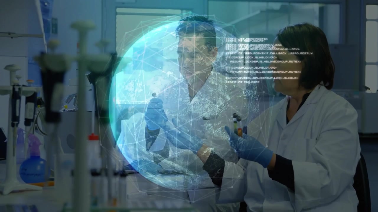 Científicos trabajando en un laboratorio con una superposición de globo digital.