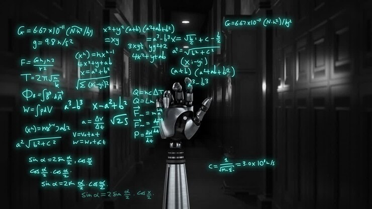 Animation of scientific data processing over robot's arm on dark background