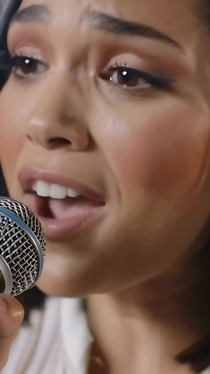 Vertical video: Adjusting grip on mic woman vocalist singing in studio for phrasing pale pink nails