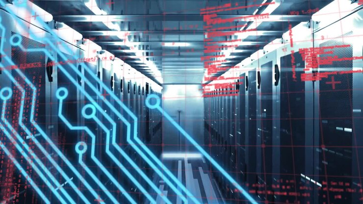 Animation of circuit board and data processing over computer servers