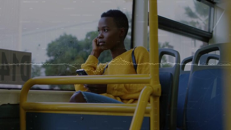 Woman commuter tapping smartphone on bus, generating dotted waveform while listening, tech