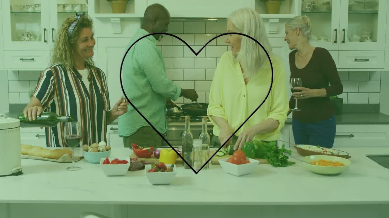 Pink neon heart graphic pulsing initiating friends cooking in kitchen for toast pouring wine