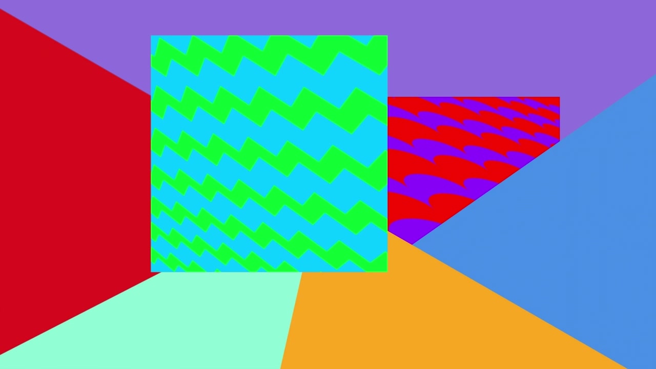 Animazione di quadrati a chevron su uno sfondo geometrico colorato.