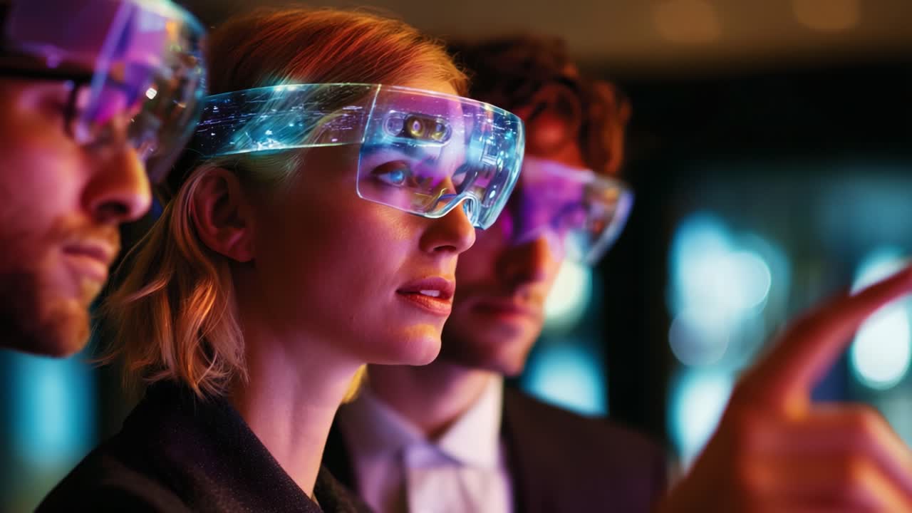 A group of individuals wearing futuristic augmented reality glasses engage in an interactive experience, showcasing innovation and technology in a contemporary setting