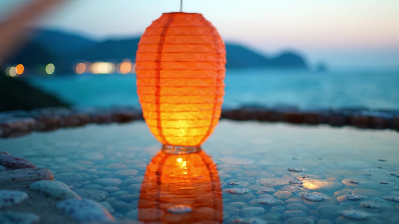 Uma encantadora lanterna laranja ilumina um cenário costeiro sereno, criando um reflexo hipnotizante na água durante as horas tranquilas do crepúsculo