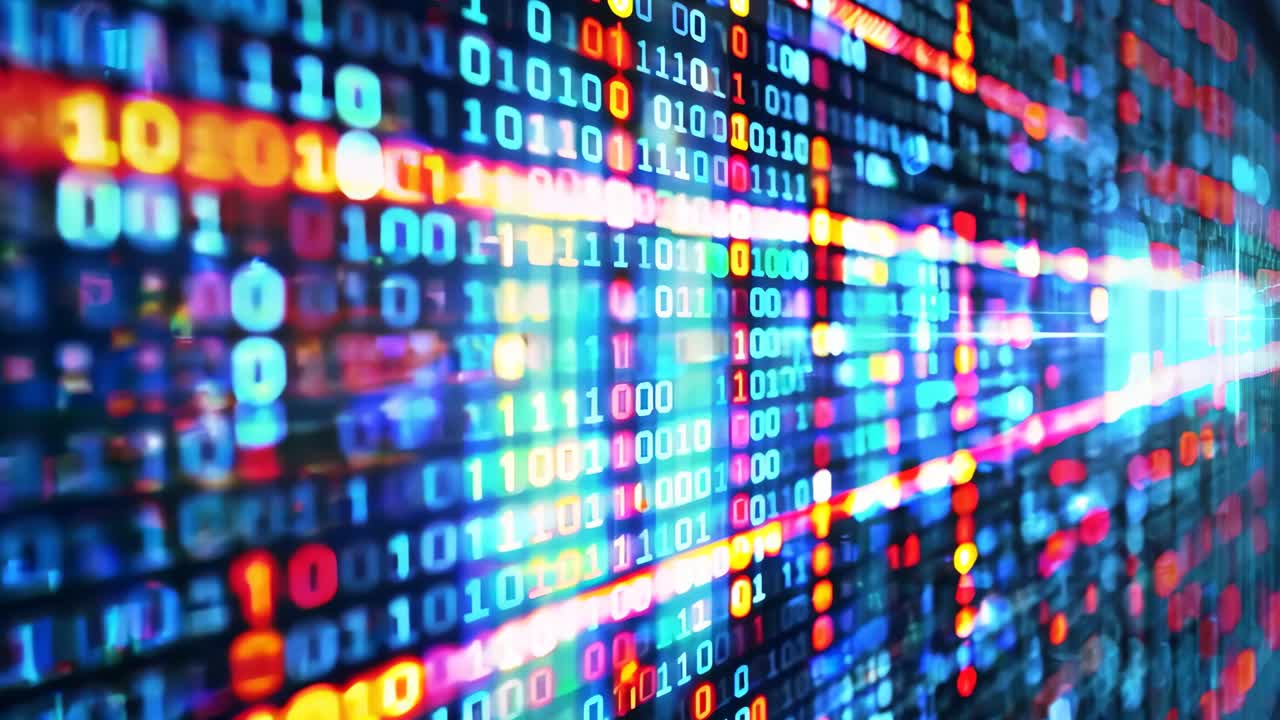 A computer screen with a lot of numbers and a blue background. The numbers are in different colors and are arranged in a grid. Concept of complexity and organization