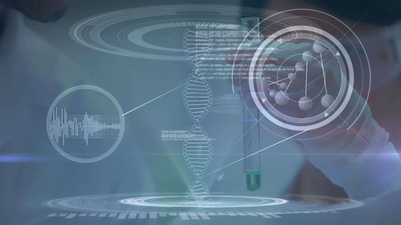 Animation of dna strand spinning and data processing over female scientist holding test tube