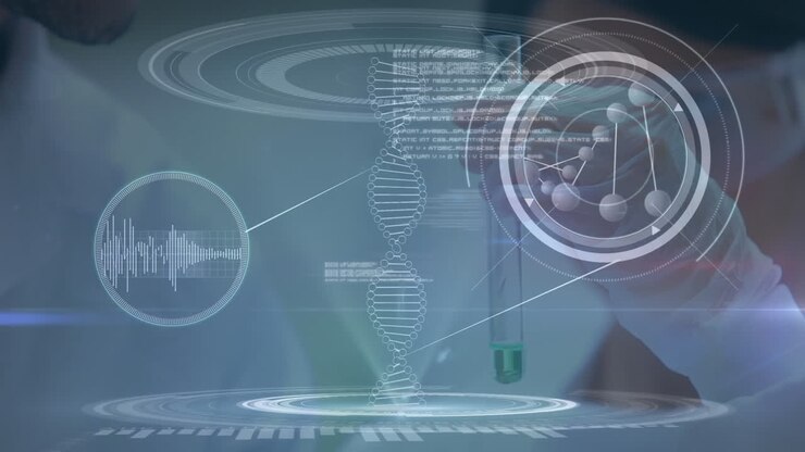 Animation of dna strand spinning and data processing over female scientist holding test tube