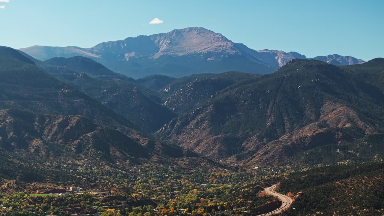 el drone se inclina hacia arriba para revelar valles profundos y cordilleras expuestas sobre el jardín de los dioses colorado