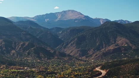 Drone-pan-tilt-up-to-reveal-deep-valleys-and-exposed-ridgelines-above-Garden-of-the-Gods-Colorado