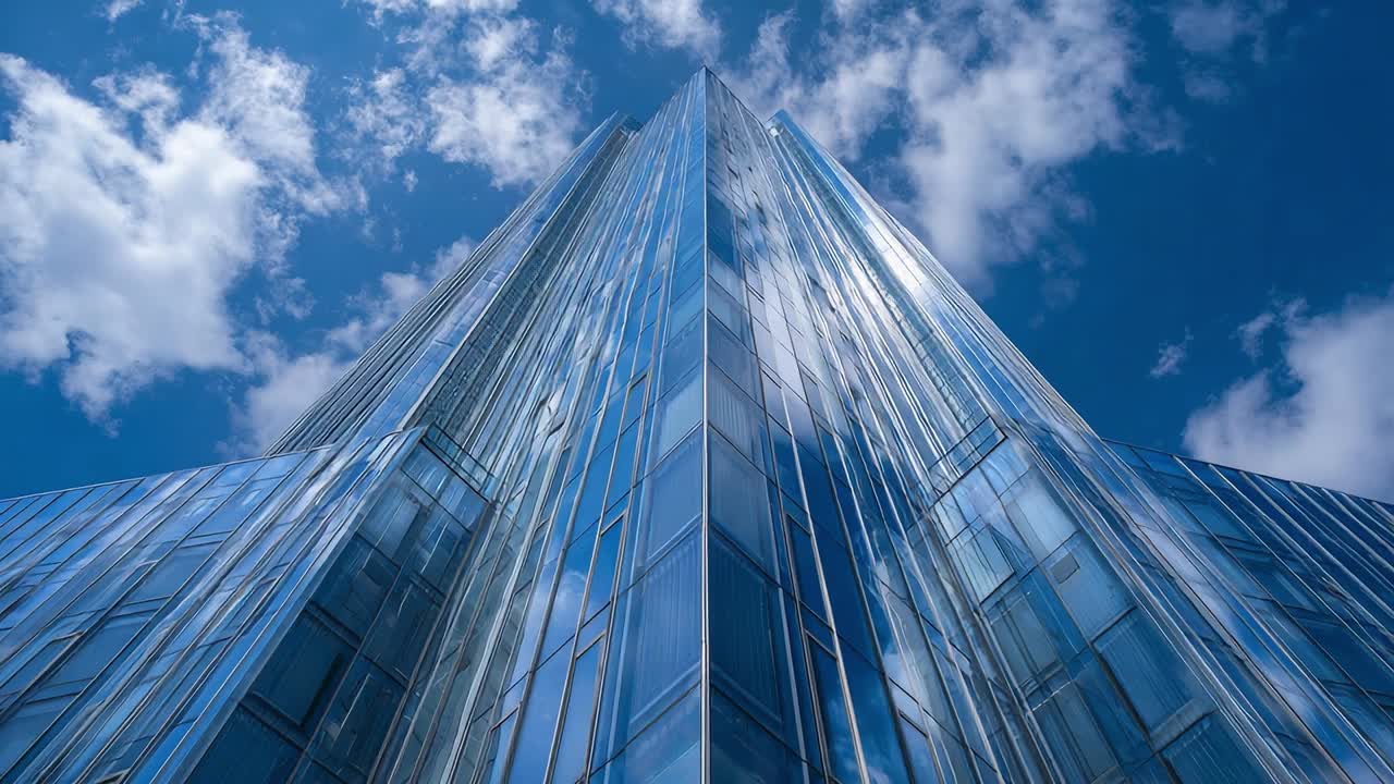 Grattacielo moderno che riflette nuvole e cielo blu in contesto urbano