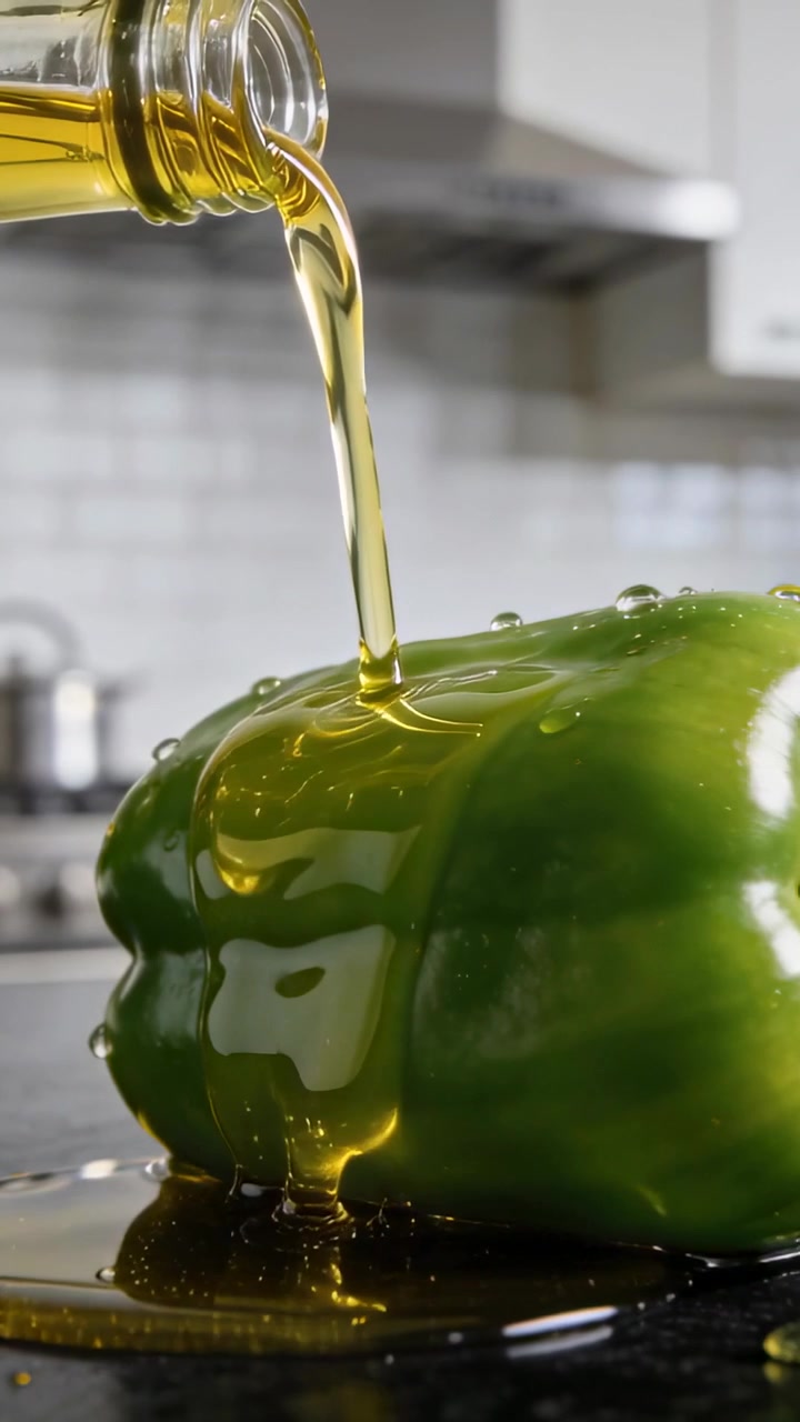 Video verticale: Bottiglia di vetro inclinata, olio che cola su un peperone verde su un bancone scuro per la cottura.