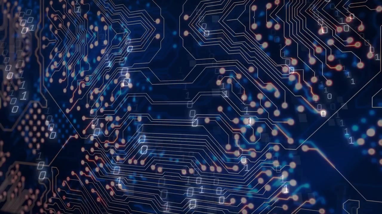 On power pulse, circuit board cluster panning and zooming while traces pulsing to show data flow