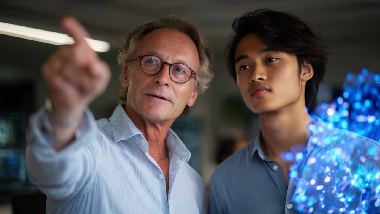 A Mentor and Student Engaged in Deep Conversation About Innovations and Trends in Technology, Exploring Ideas While Surrounded by Visual Data Representations and Dynamic Concepts of the Future