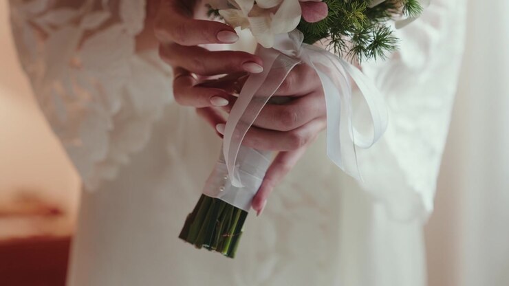 Brud, der holder sin smukke brudebuket med hvide blomster og grønt løv, viser elegante detaljer før ceremonien