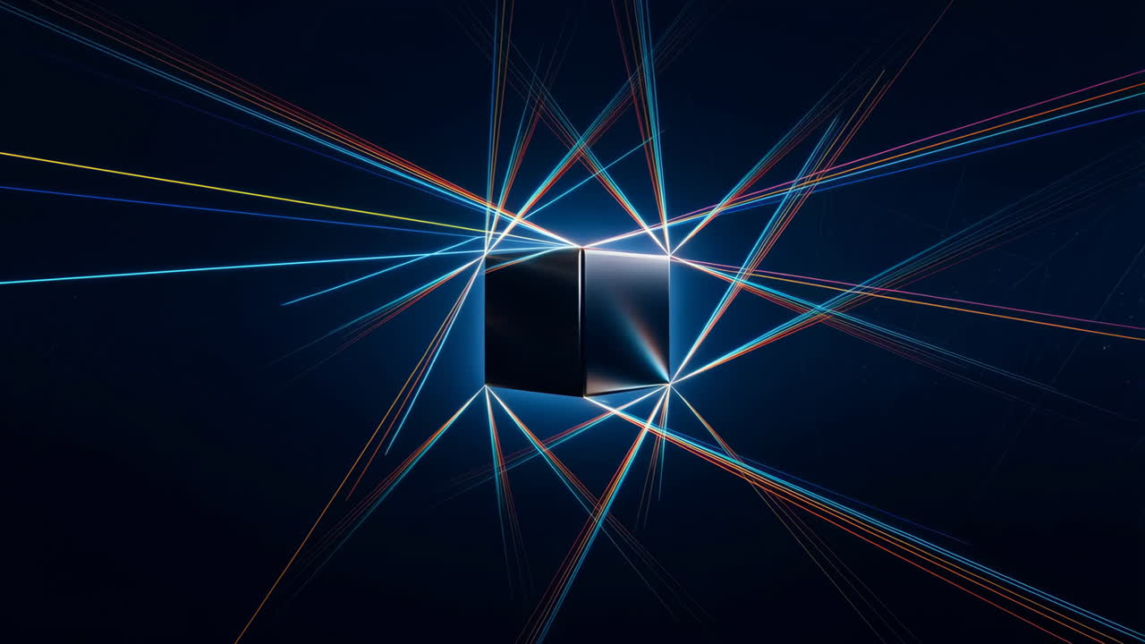 Abstract Glowing Cube with Colorful Light Rays