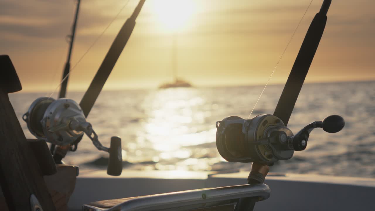 Two fishing reels mounted on boat rods, captured close-up with sunlight over the sea.