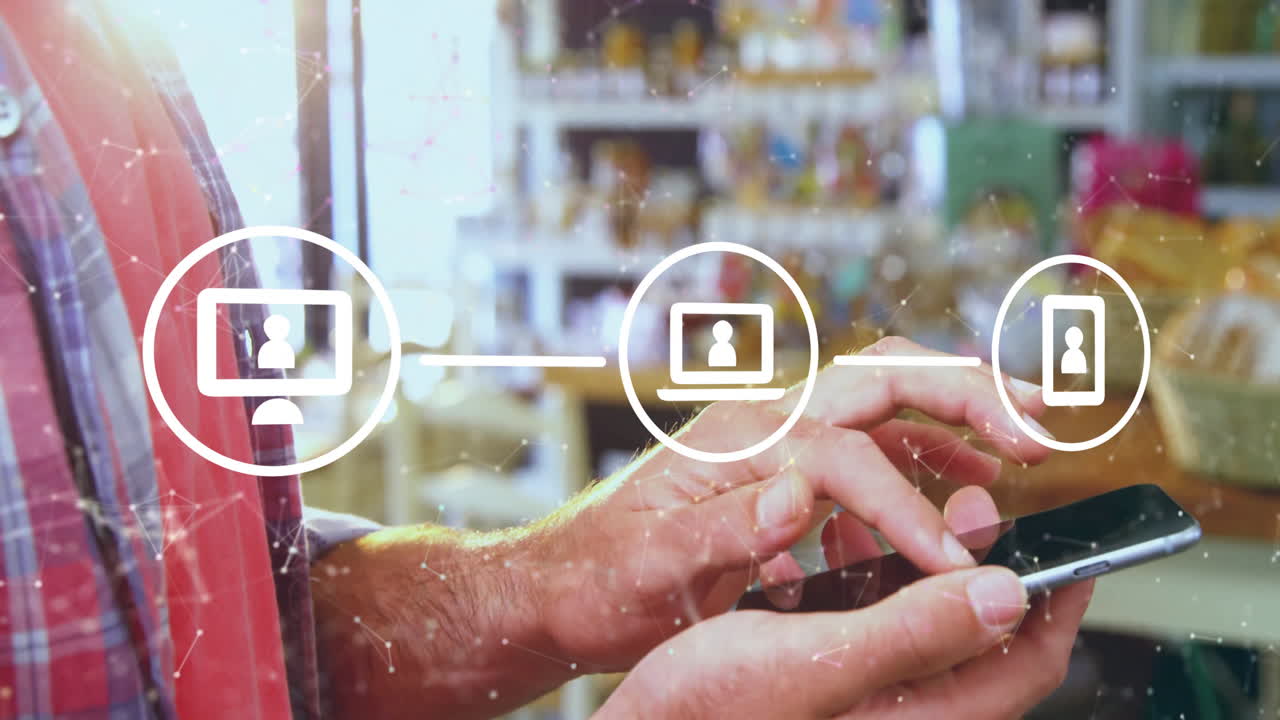 스마트폰을 사용하여 가게에서 백인 남자를 통해 미디어 네트워크와 연결의 애니메이션