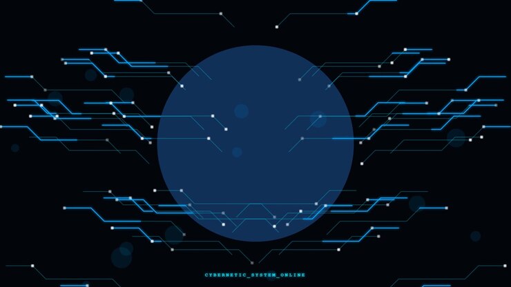Interfaccia cibernetica digitale con circuiti luminosi e sfera centrale.