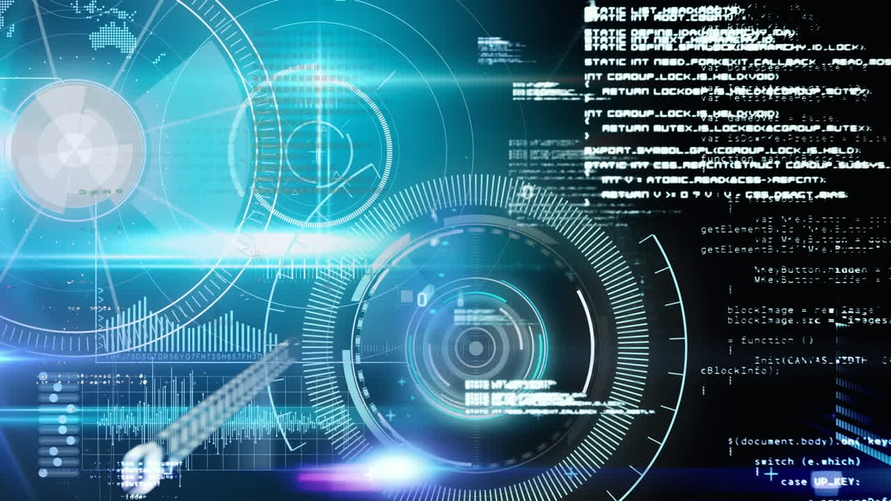 Animation of round scanners, data processing and light spots against black background