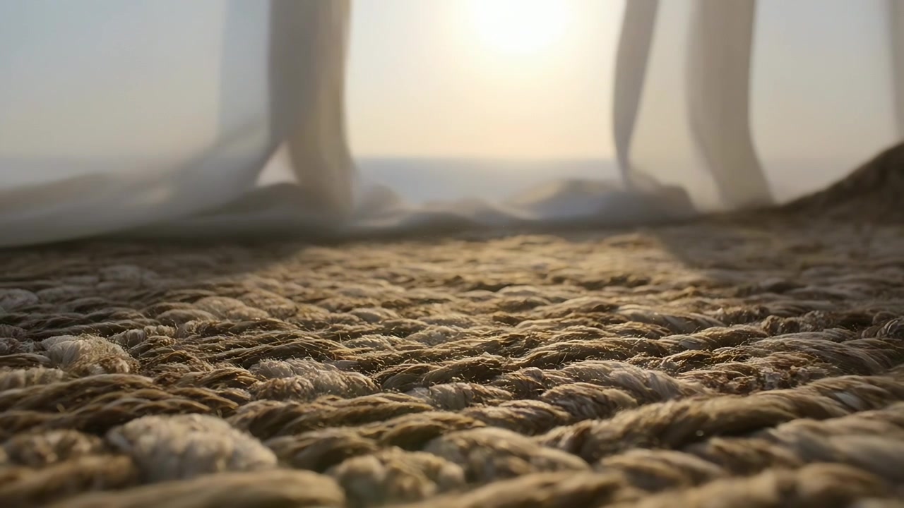 Alfombra trenzada captando la luz del amanecer en el umbral abierto, la brisa levantando cortinas transparentes revelando el horizonte.