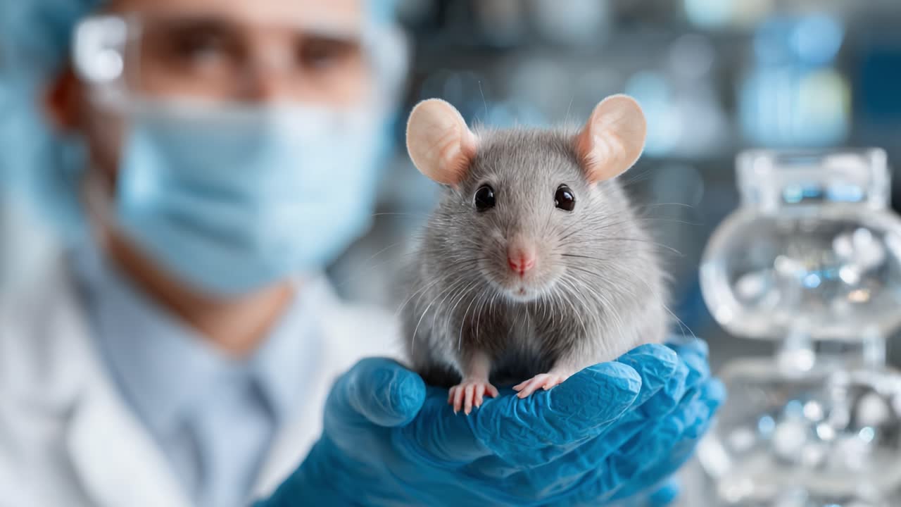 Uno scienziato esamina attentamente un topo grigio da laboratorio in un ambiente controllato, evidenziandone la salute e il trattamento etico nei processi di ricerca